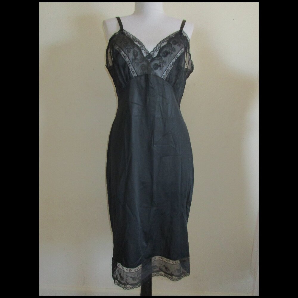 Vintage 1960's Hollywood Vassarette Black Nylon Tricot Lace Slip Dress Size 38